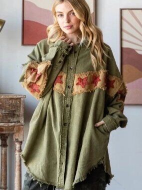 Oli & Hali Embroidered‎ Star Shacket Olive Green Boho Oversized Tunic Button Up